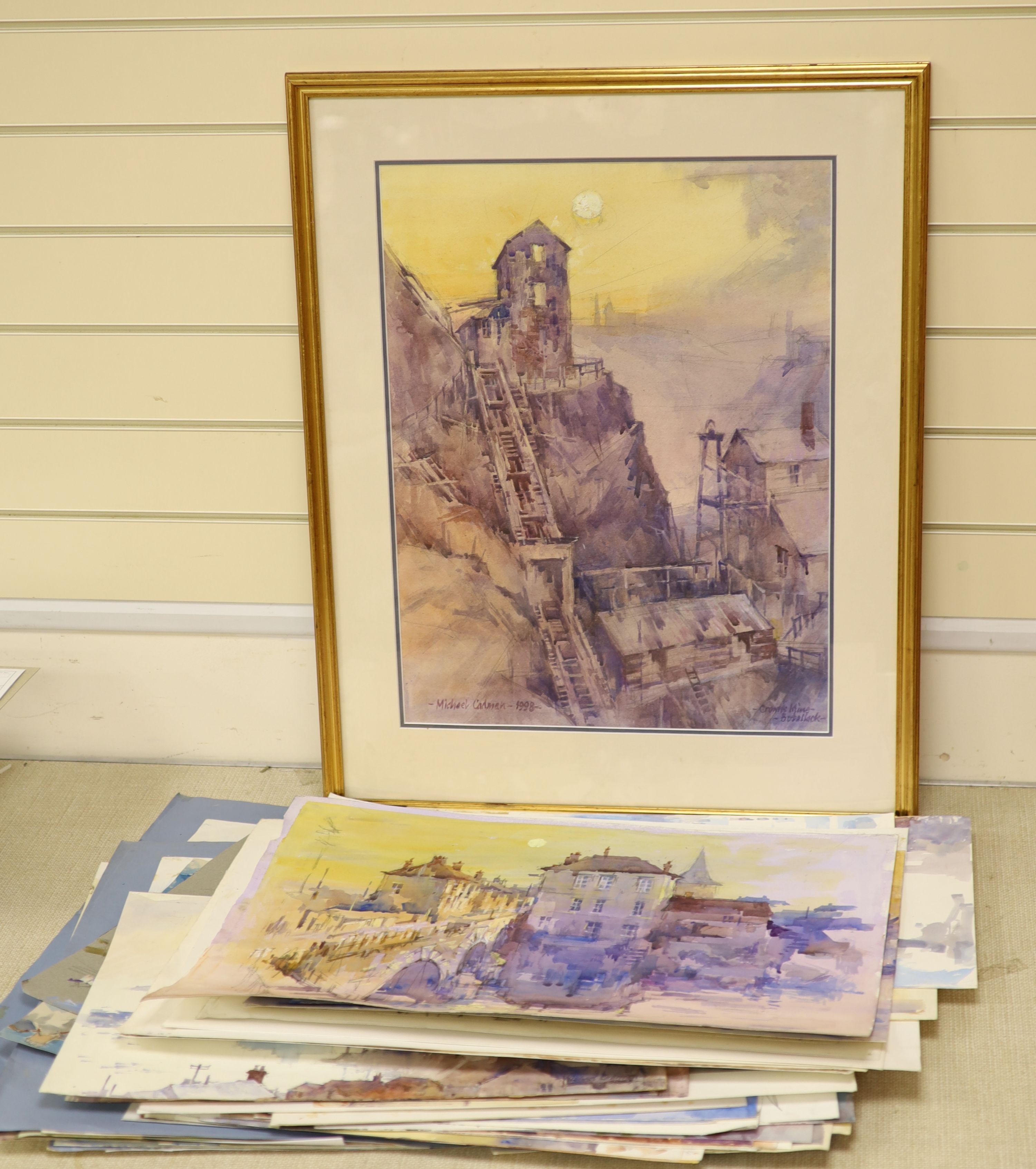 Michael Cadman (1920-2010), a group of assorted watercolours, mostly topographical scenes c.1995 to 2003, largest 46 x 61cm, one framed, the others unframed